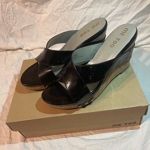 Me Too Bongo Black Leather Sandal Wedge Heels